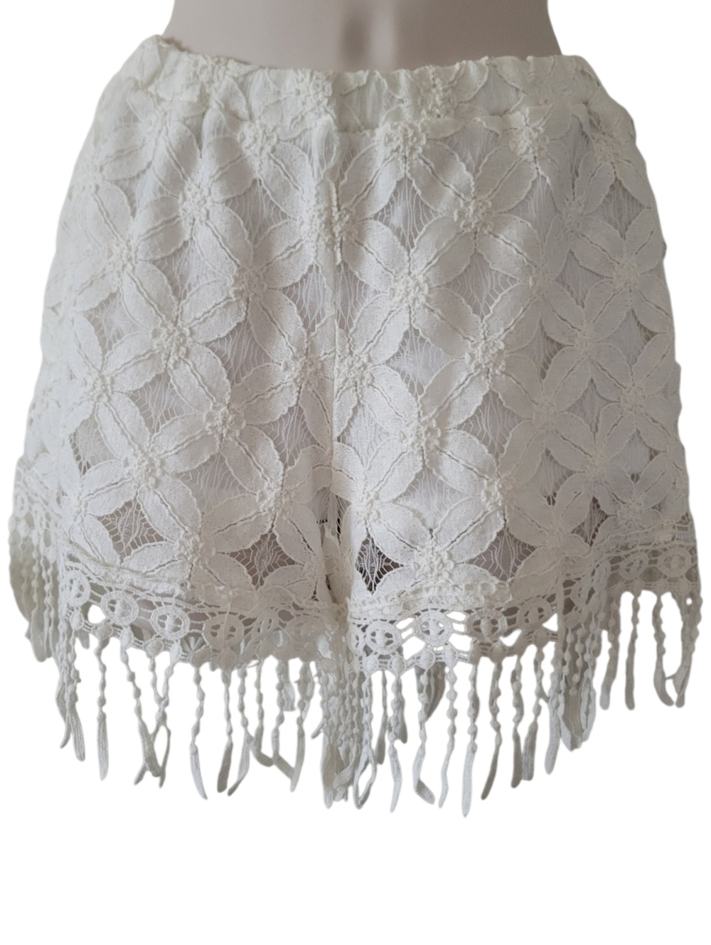 Cottagecore White Floral Lace Shorts with Fringe